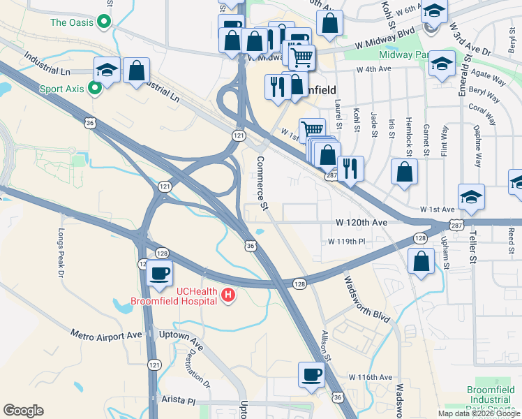 map of restaurants, bars, coffee shops, grocery stores, and more near 8357 1/2 West 120th Avenue in Broomfield