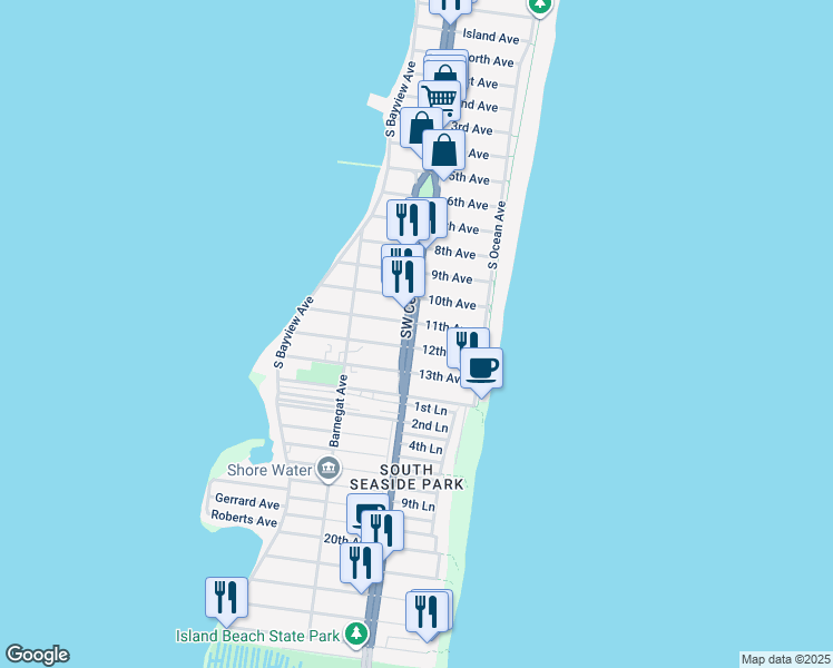 map of restaurants, bars, coffee shops, grocery stores, and more near 47 11th Avenue in Seaside Park