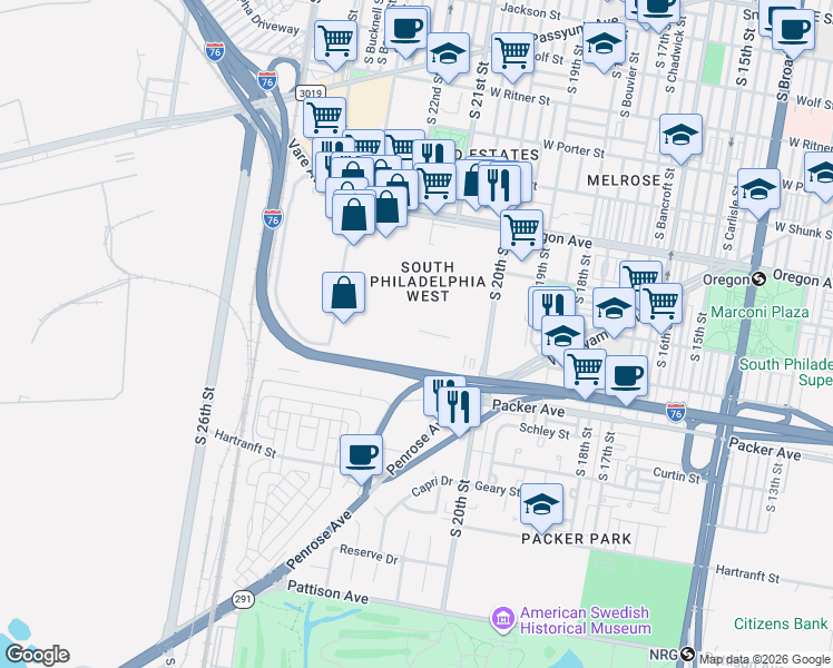 map of restaurants, bars, coffee shops, grocery stores, and more near 20 in Philadelphia