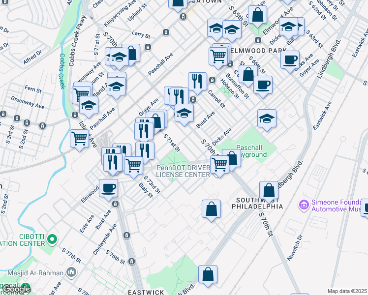 map of restaurants, bars, coffee shops, grocery stores, and more near 2612 Muhlfeld Street in Philadelphia