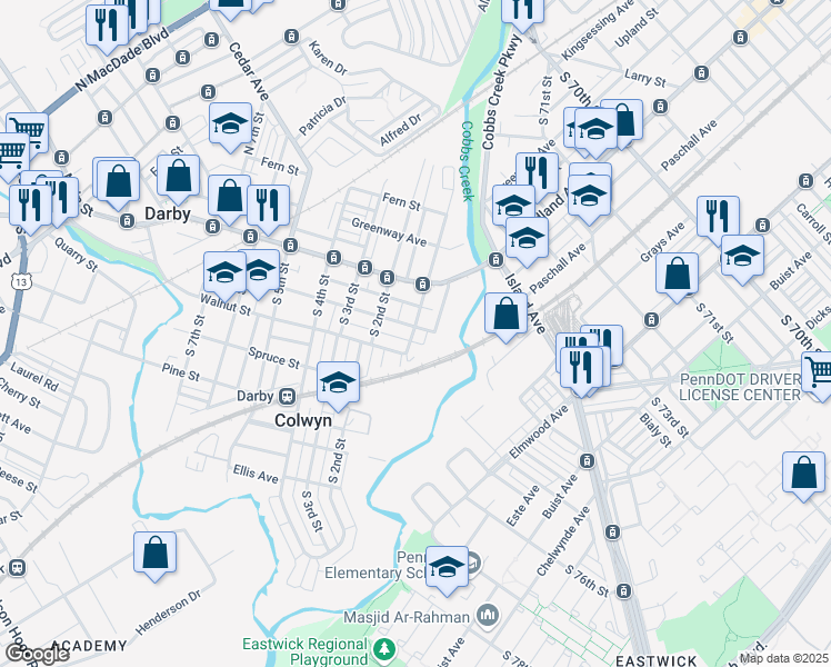 map of restaurants, bars, coffee shops, grocery stores, and more near 32 Chestnut Street in Darby