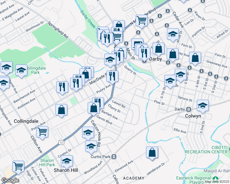 map of restaurants, bars, coffee shops, grocery stores, and more near 1046 Pine Street in Darby