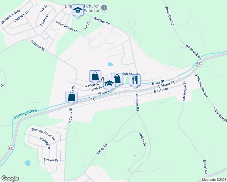 map of restaurants, bars, coffee shops, grocery stores, and more near 60 West Gay Street in Windsor