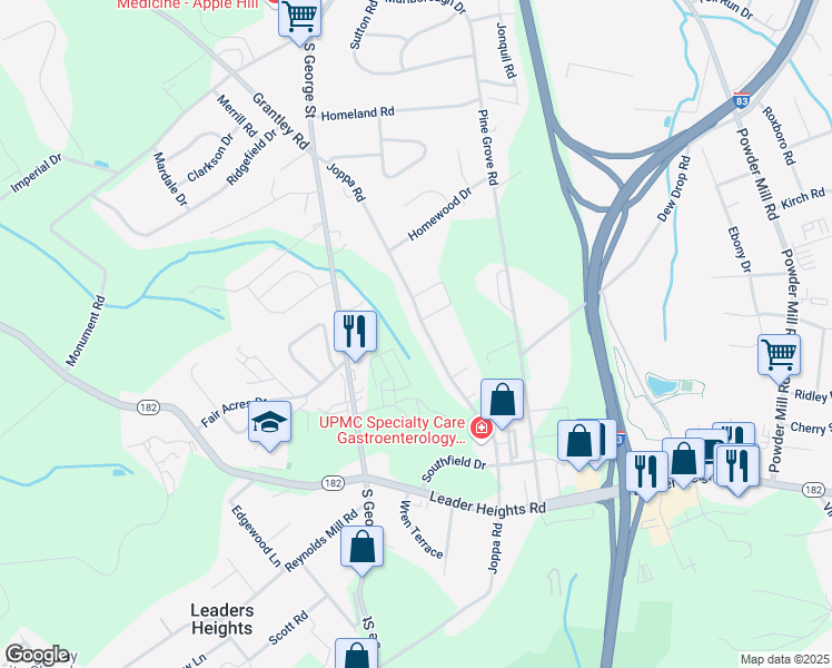 map of restaurants, bars, coffee shops, grocery stores, and more near 2508 Joppa Road in York