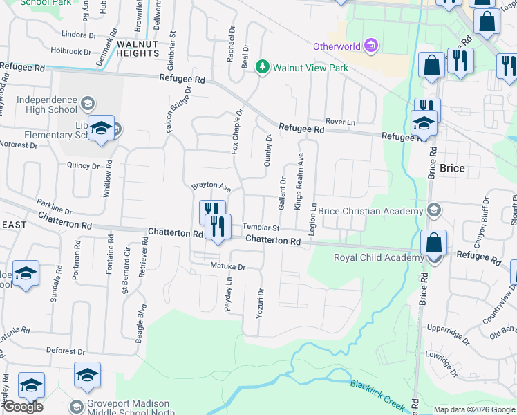 map of restaurants, bars, coffee shops, grocery stores, and more near 3130 Fox Chaple Drive in Columbus