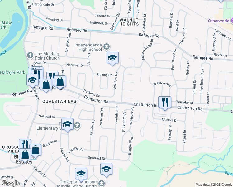 map of restaurants, bars, coffee shops, grocery stores, and more near 3066 Whitlow Road in Columbus