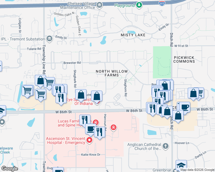 map of restaurants, bars, coffee shops, grocery stores, and more near 1828 Box Elder Court in Indianapolis