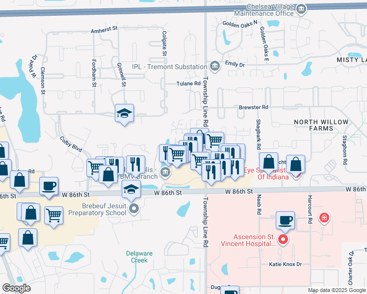 map of restaurants, bars, coffee shops, grocery stores, and more near 8740 Arborway Court in Indianapolis