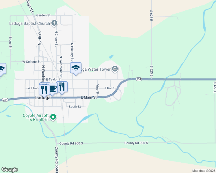 map of restaurants, bars, coffee shops, grocery stores, and more near 806 Elm Street in Ladoga