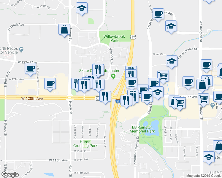 map of restaurants, bars, coffee shops, grocery stores, and more near 345 West 120th Avenue in Denver