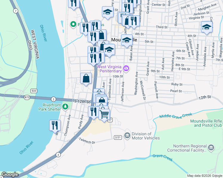 map of restaurants, bars, coffee shops, grocery stores, and more near 1020 Tomlinson Avenue in Moundsville