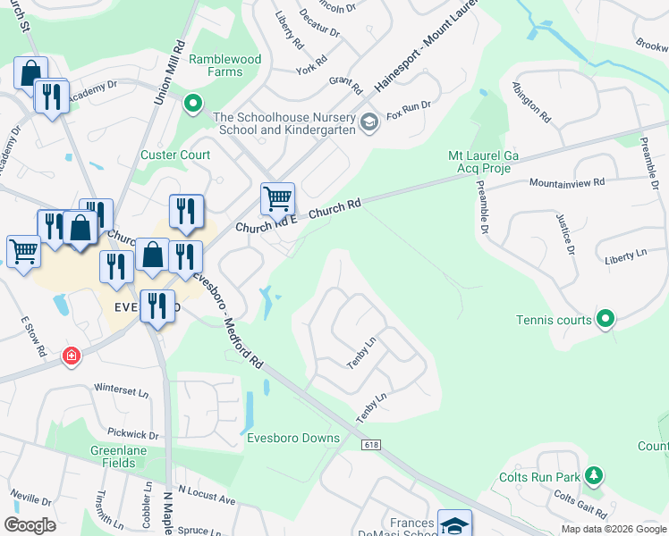 map of restaurants, bars, coffee shops, grocery stores, and more near 4 Hastings Court in Evesham