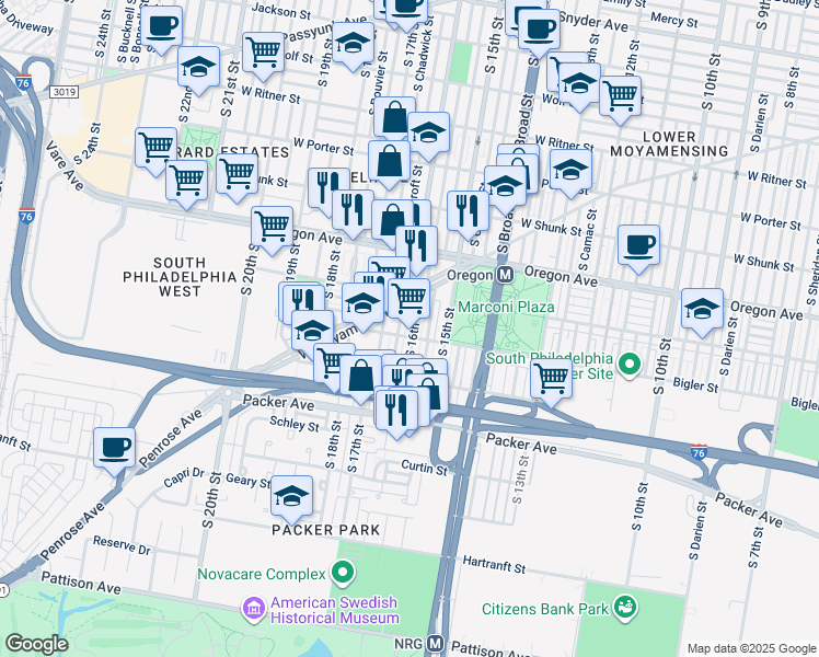 map of restaurants, bars, coffee shops, grocery stores, and more near 2840 South 16th Street in Philadelphia