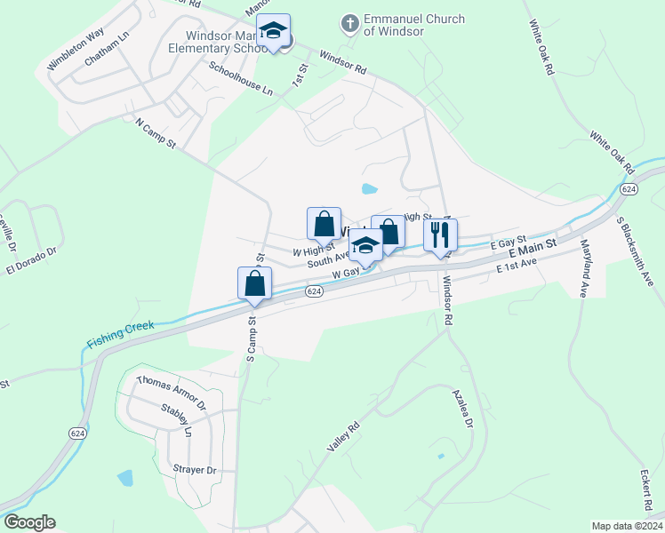 map of restaurants, bars, coffee shops, grocery stores, and more near 100 West Gay Street in Windsor