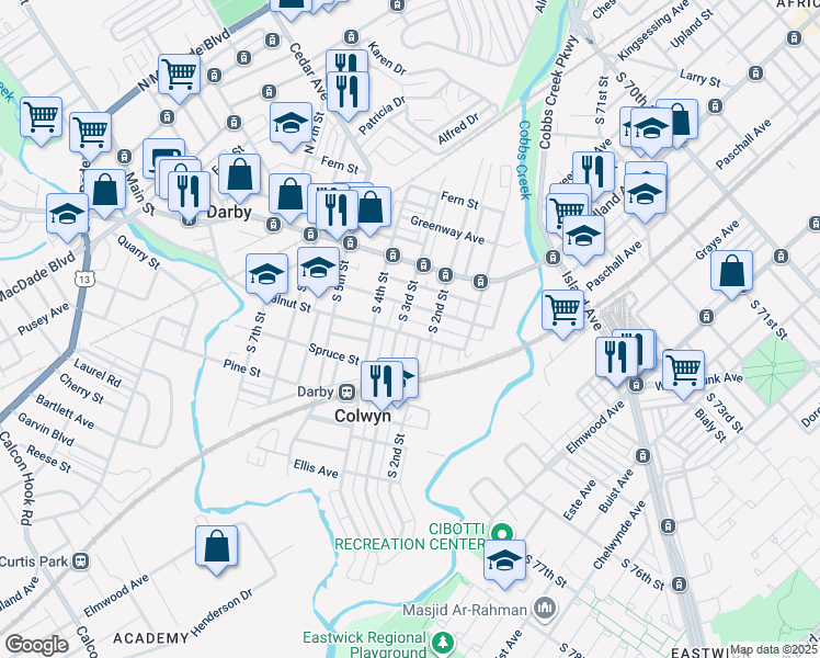 map of restaurants, bars, coffee shops, grocery stores, and more near 217 Walnut Street in Darby