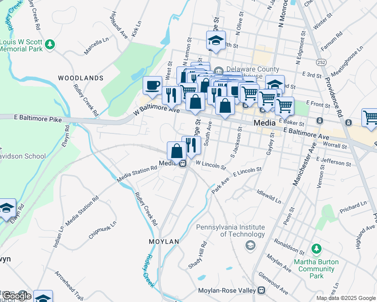 map of restaurants, bars, coffee shops, grocery stores, and more near 444 South Orange Street in Media