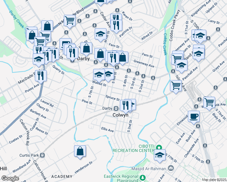 map of restaurants, bars, coffee shops, grocery stores, and more near 211 South 5th Street in Darby