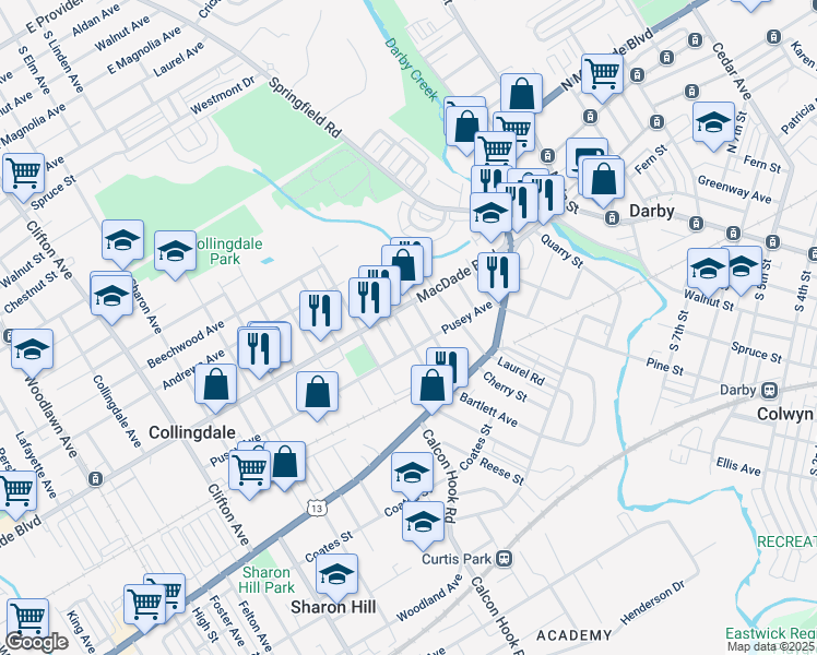 map of restaurants, bars, coffee shops, grocery stores, and more near 121 Rhodes Avenue in Collingdale