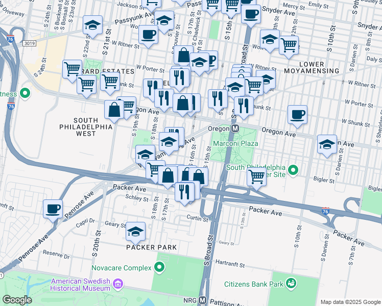 map of restaurants, bars, coffee shops, grocery stores, and more near 2838 South 16th Street in Philadelphia