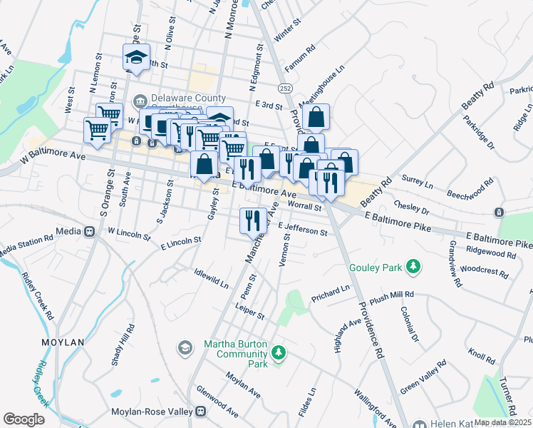 map of restaurants, bars, coffee shops, grocery stores, and more near 306 Manchester Avenue in Media