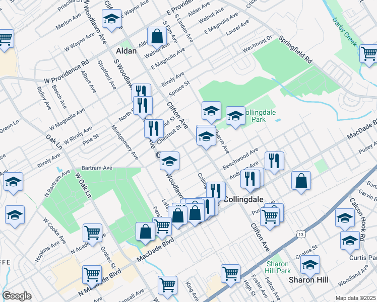 map of restaurants, bars, coffee shops, grocery stores, and more near 601 Collingdale Avenue in Collingdale