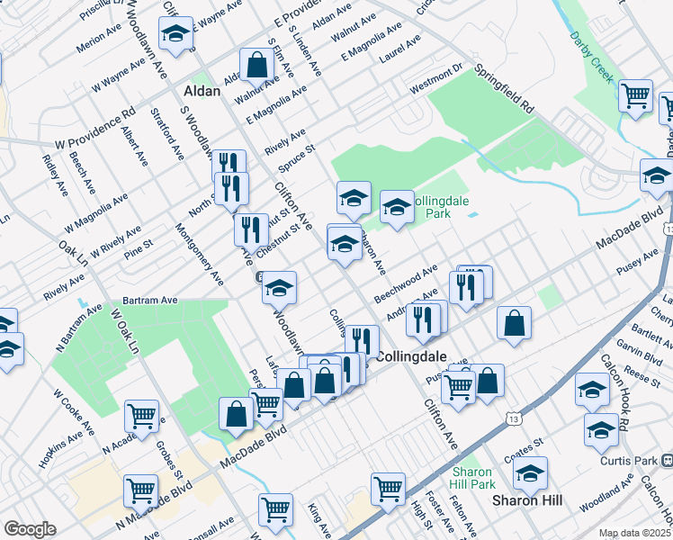 map of restaurants, bars, coffee shops, grocery stores, and more near 534 Clifton Avenue in Darby