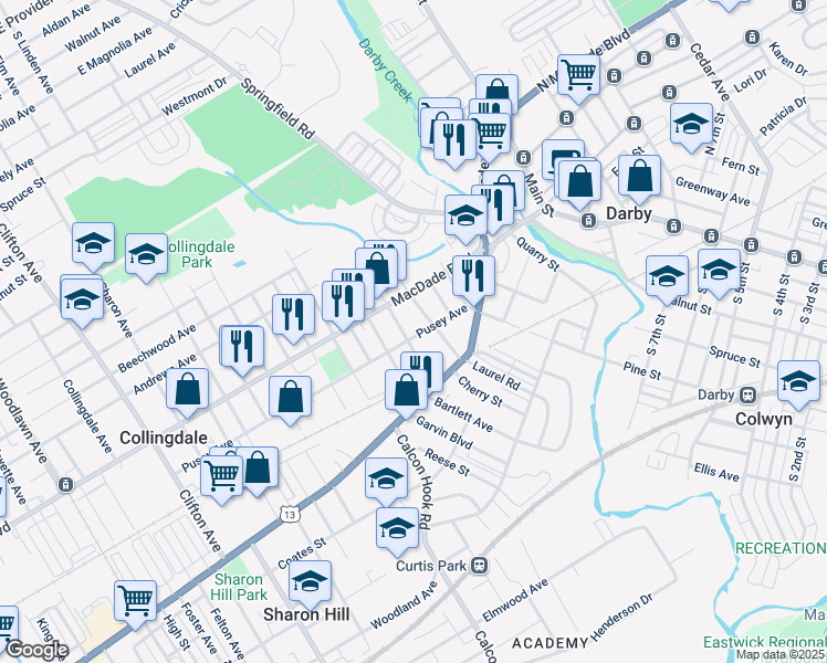 map of restaurants, bars, coffee shops, grocery stores, and more near 213 Pusey Avenue in Collingdale