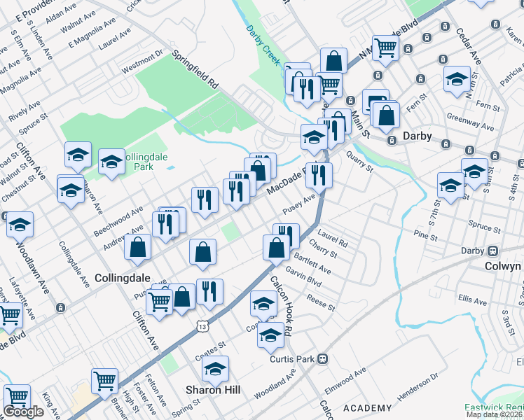 map of restaurants, bars, coffee shops, grocery stores, and more near 121 Rhodes Avenue in Collingdale