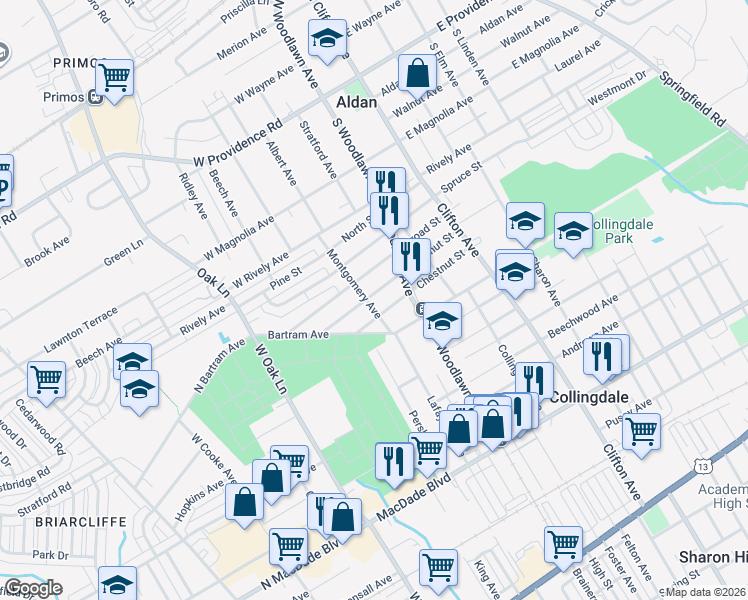 map of restaurants, bars, coffee shops, grocery stores, and more near 1024 Walnut Street in Collingdale