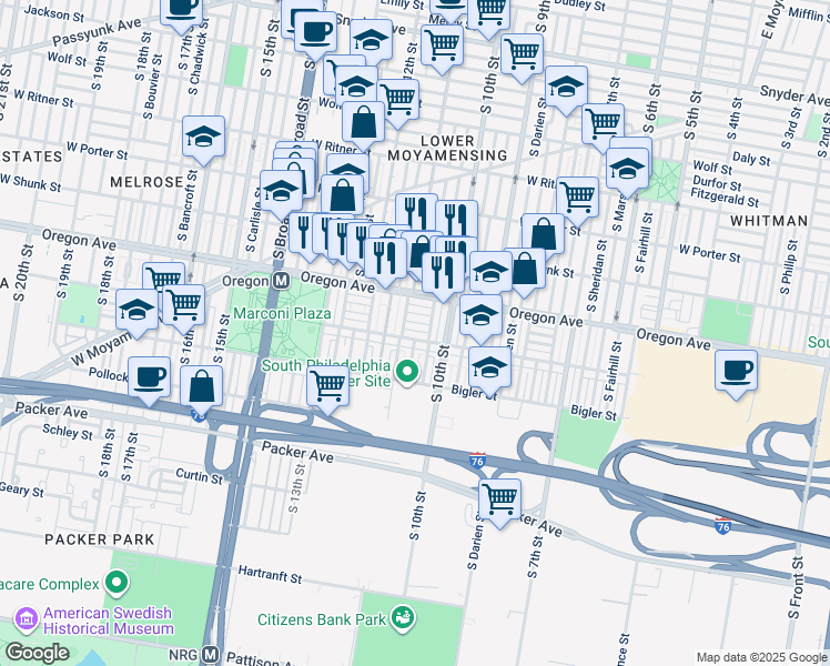 map of restaurants, bars, coffee shops, grocery stores, and more near 1017 Johnston Street in Philadelphia