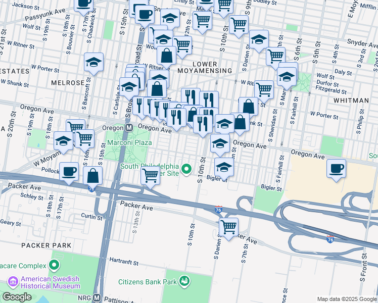 map of restaurants, bars, coffee shops, grocery stores, and more near 1019 Johnston Street in Philadelphia