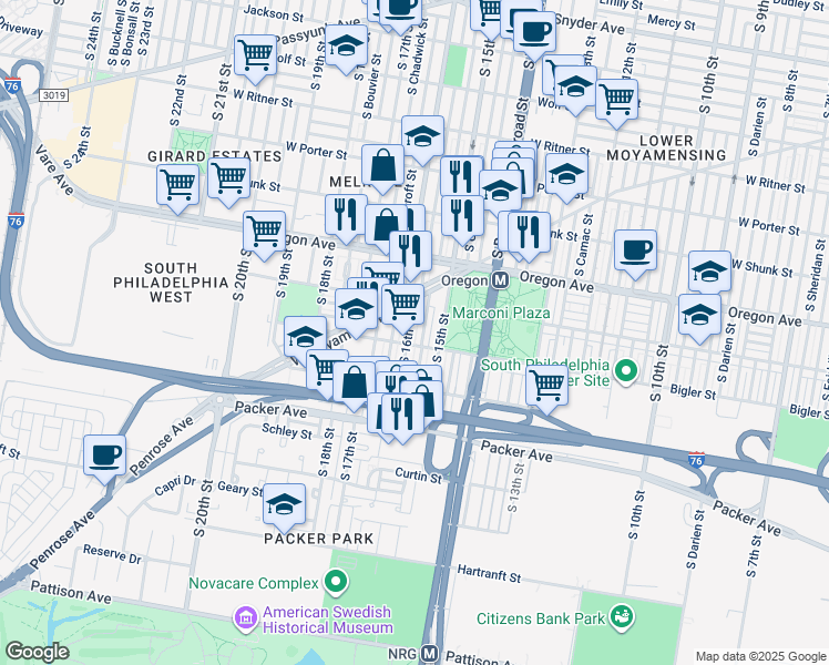 map of restaurants, bars, coffee shops, grocery stores, and more near 2839 South 16th Street in Philadelphia
