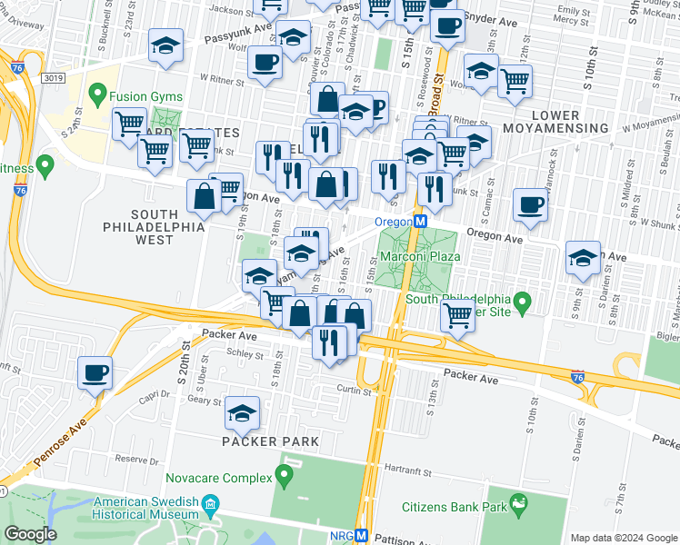 map of restaurants, bars, coffee shops, grocery stores, and more near 2838 South 16th Street in Philadelphia