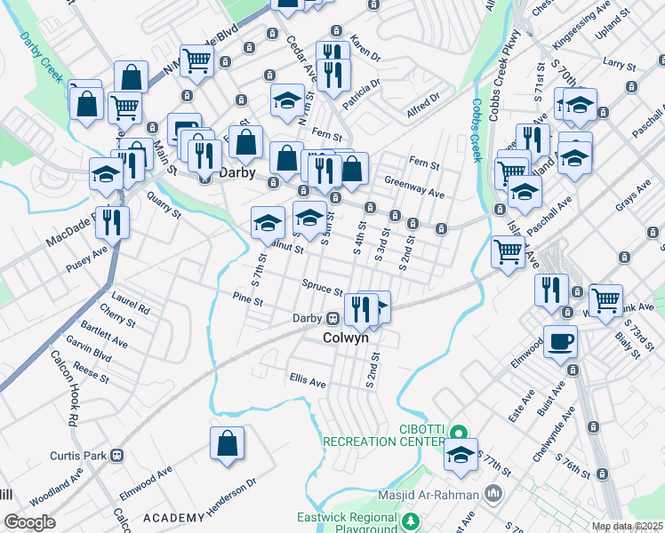 map of restaurants, bars, coffee shops, grocery stores, and more near 419 Franklin Street in Darby