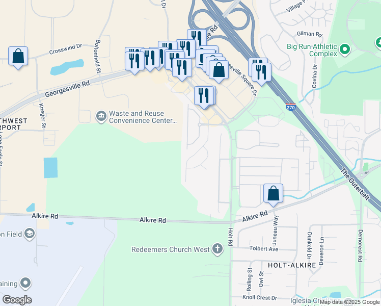 map of restaurants, bars, coffee shops, grocery stores, and more near 1855 Brandigen Lane in Columbus