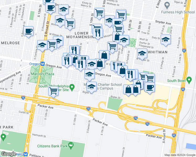 map of restaurants, bars, coffee shops, grocery stores, and more near 2721 South Darien Street in Philadelphia