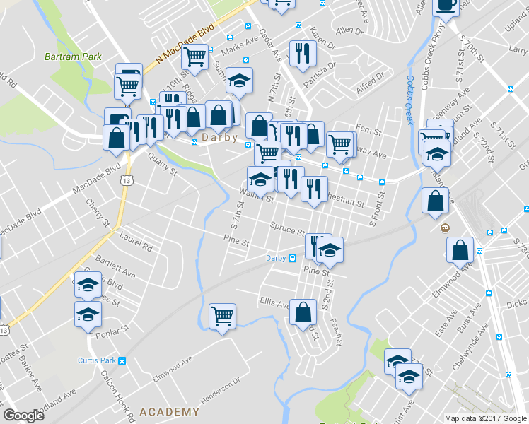 map of restaurants, bars, coffee shops, grocery stores, and more near 217 South 6th Street in Darby