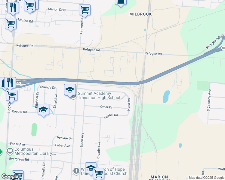 map of restaurants, bars, coffee shops, grocery stores, and more near 1646 Burley Drive in Columbus