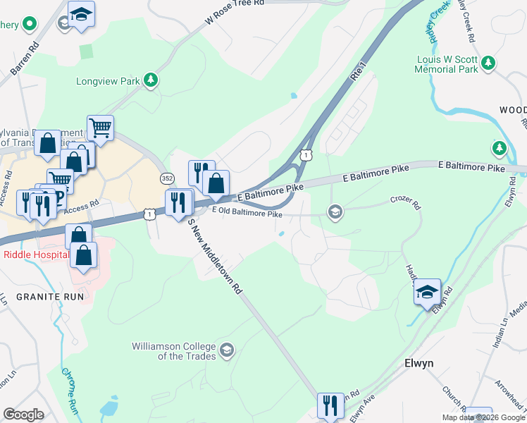 map of restaurants, bars, coffee shops, grocery stores, and more near 54 East Old Baltimore Pike in Media