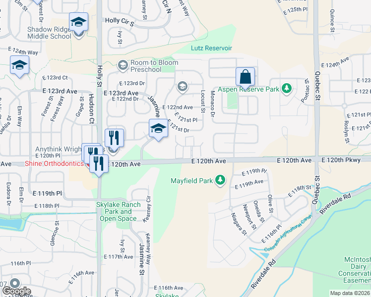 map of restaurants, bars, coffee shops, grocery stores, and more near 12034 Leyden Street in Brighton