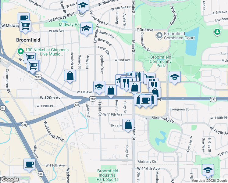 map of restaurants, bars, coffee shops, grocery stores, and more near 7105 West 120th Avenue in Broomfield