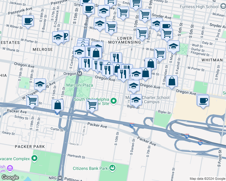 map of restaurants, bars, coffee shops, grocery stores, and more near 1029 Johnston Street in Philadelphia