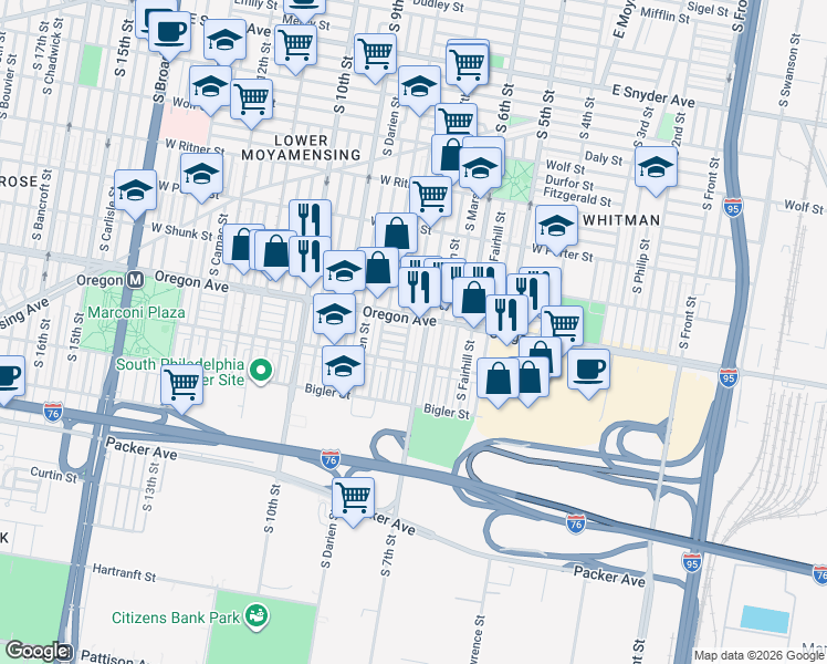 map of restaurants, bars, coffee shops, grocery stores, and more near 2711 South Beulah Street in Philadelphia