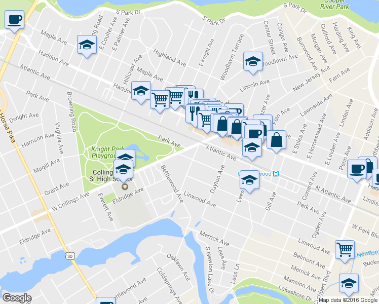 map of restaurants, bars, coffee shops, grocery stores, and more near 116 W Collings Ave in Collingswood