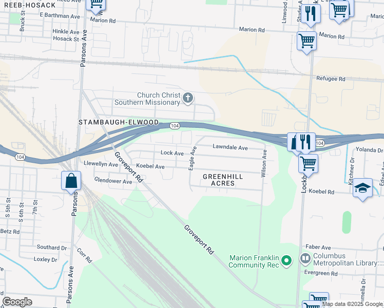 map of restaurants, bars, coffee shops, grocery stores, and more near Lock Avenue in Columbus
