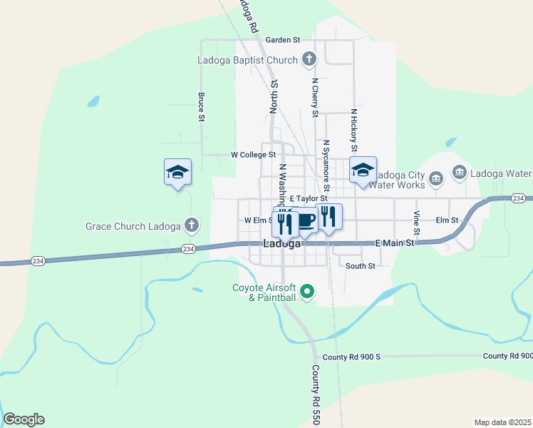 map of restaurants, bars, coffee shops, grocery stores, and more near 124 West Elm Street in Ladoga