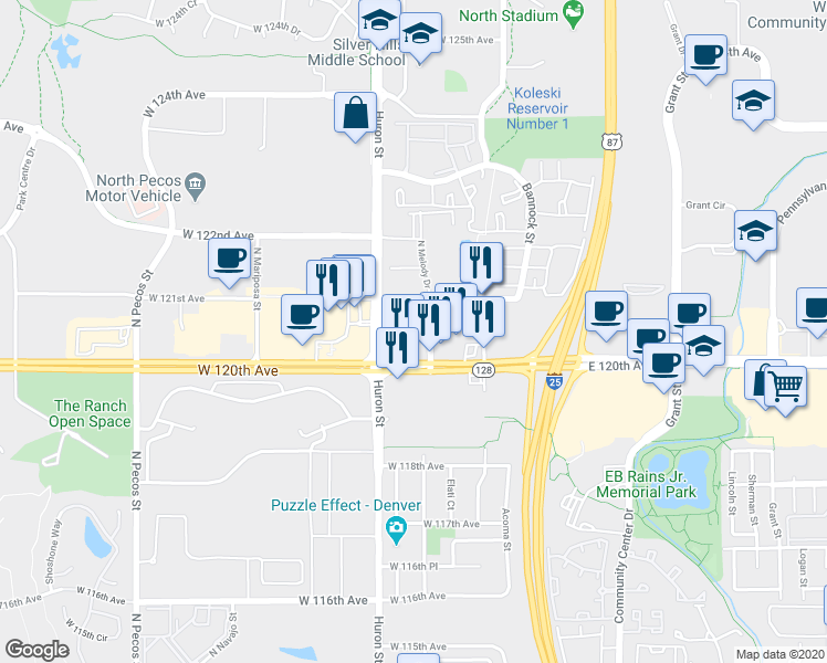 map of restaurants, bars, coffee shops, grocery stores, and more near 12055 Melody Dr in Westminster