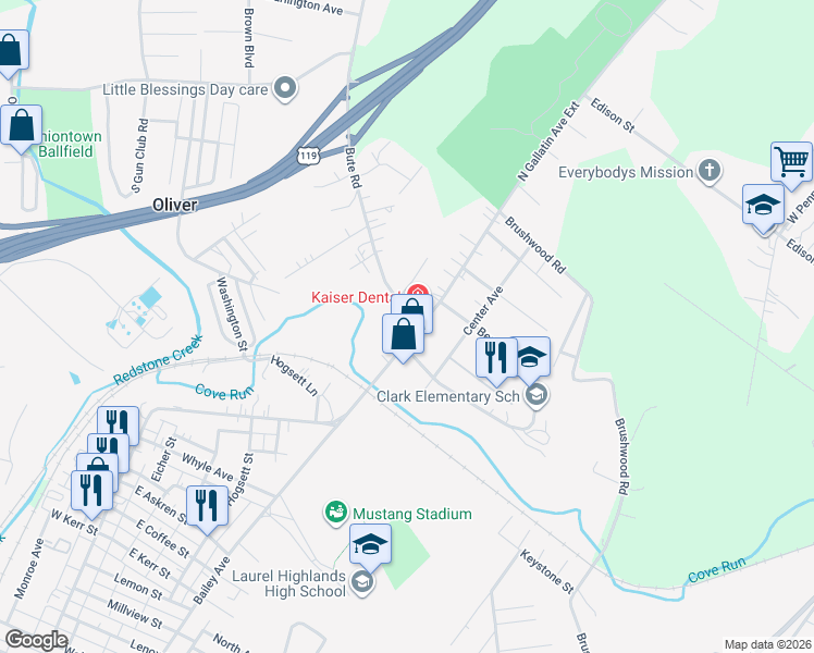 map of restaurants, bars, coffee shops, grocery stores, and more near 491 North Gallatin Avenue in Uniontown