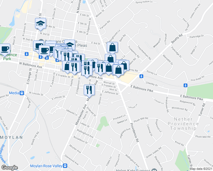 map of restaurants, bars, coffee shops, grocery stores, and more near 446 E Franklin St in Media