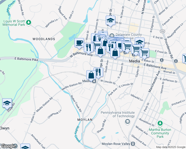 map of restaurants, bars, coffee shops, grocery stores, and more near 475 Linden Lane in Media